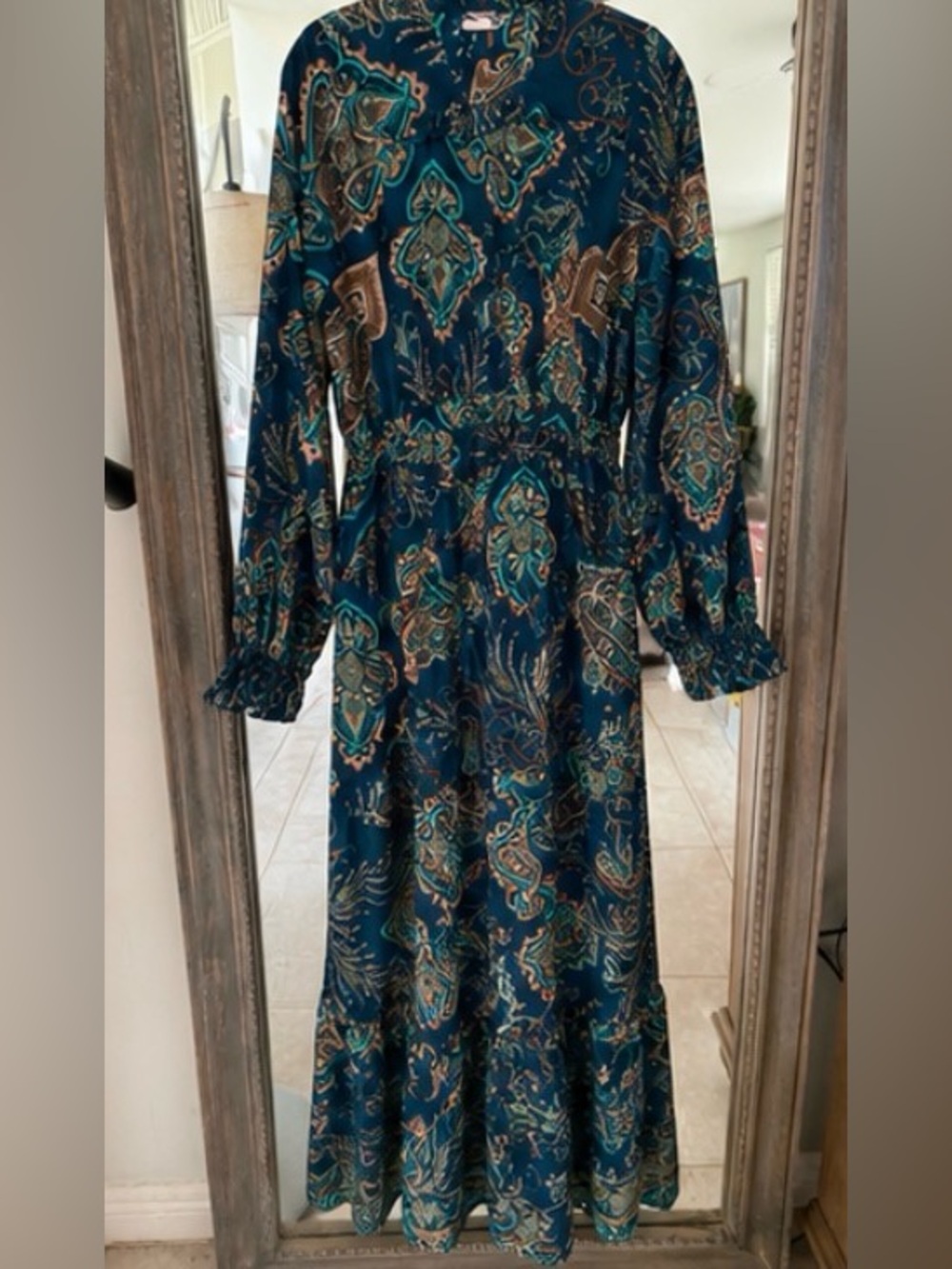 Teal Paisley Long-Sleeve Maxi Dress with Ruffled Cuffs